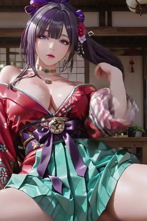 Mor saçlı kimono kızın özel sabahı! Kırmızı ve yeşil çatışma çılgın.