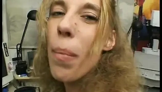 Curly haired blonde gets her hairy pussy fingered