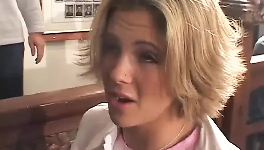 Sexy blonde in college uniform double penetrated ass fucking