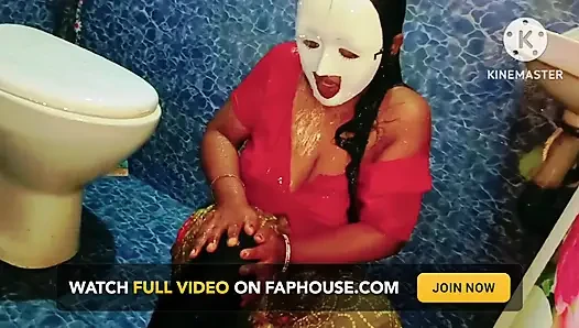 Desi Horny Girl Bathing in a Seductive Way with Saree and Red Blouse - Must See Full Video
