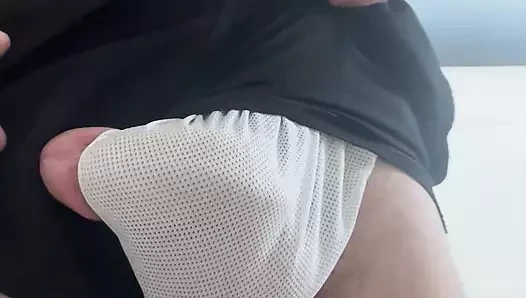 Soft cock to big stiff prick in gym shorts