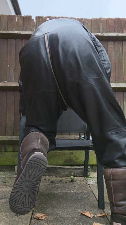 Leather Overalls in the Garden