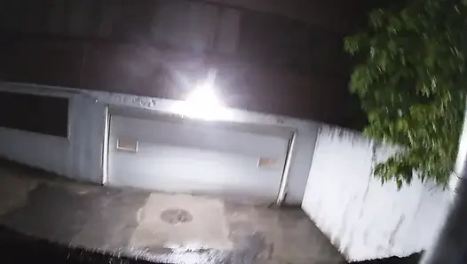 Mature sissy CD out in the rain in A parking lot in public masturbation.