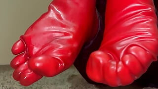Trying on Red Latex Toe Socks