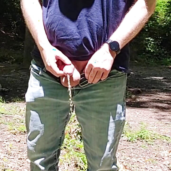 Small D Walking outside Naked and pissing to heavy closeup cumshot