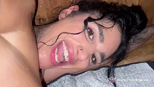 Tattooed Brunette Plays with Pink Dildo in Steamy Sauna POV