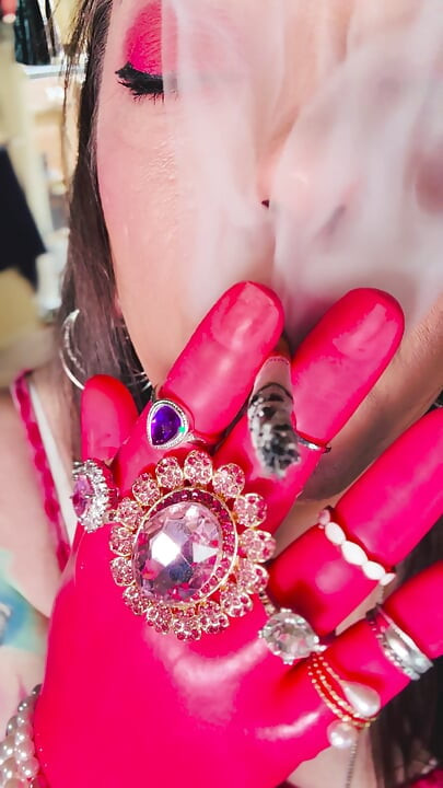 All In Pink! The Fabulous Smoker Tina Snua Wears Pink Latex Gloves & Rings & Smokes A cigarette For You
