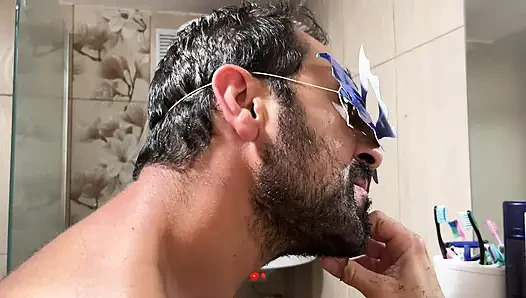 Grooming Routine Earl Smile Trimming Beard With Scissors In Bathroom