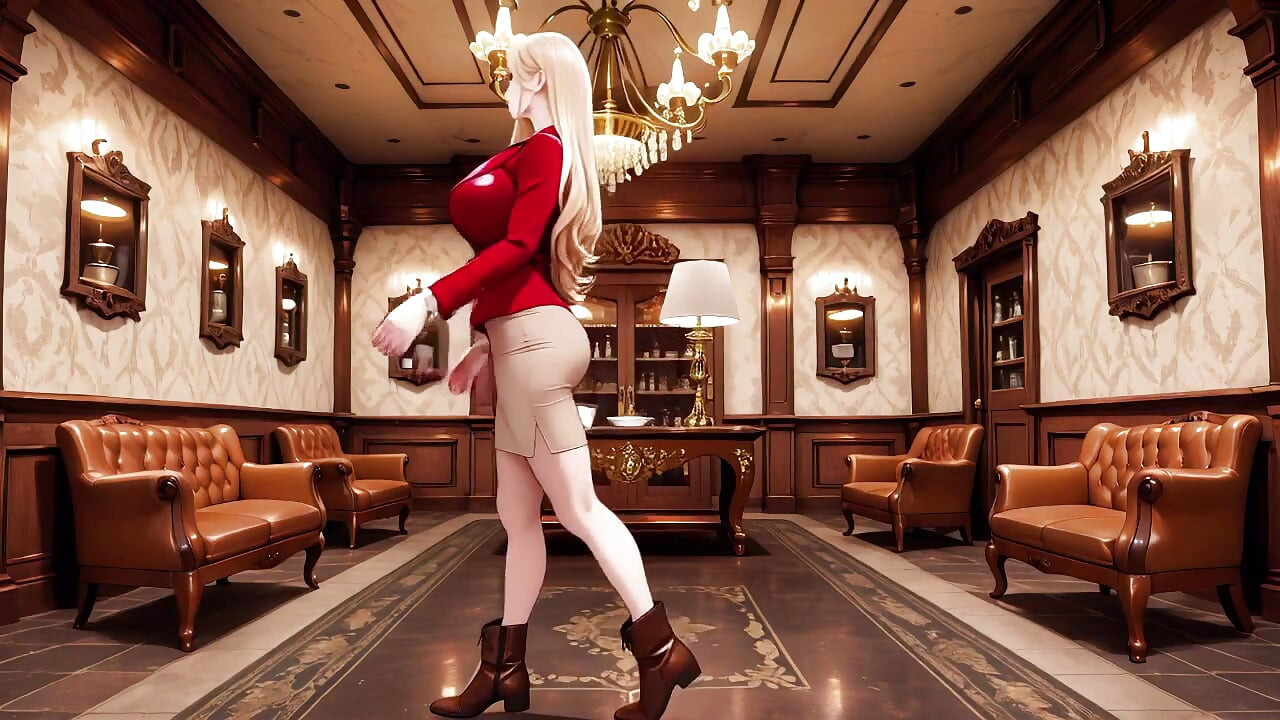 Red Suit Blonde; From Supermarket Stroll to Lazy Orgasm, She Even Puts Her Legs up on the Desk?