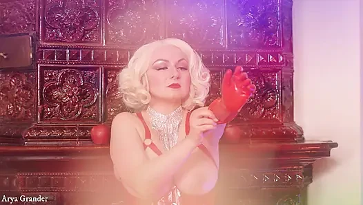 Lange oper, rote latex-gummihandschuhe tragen, sexy pin-up MILF