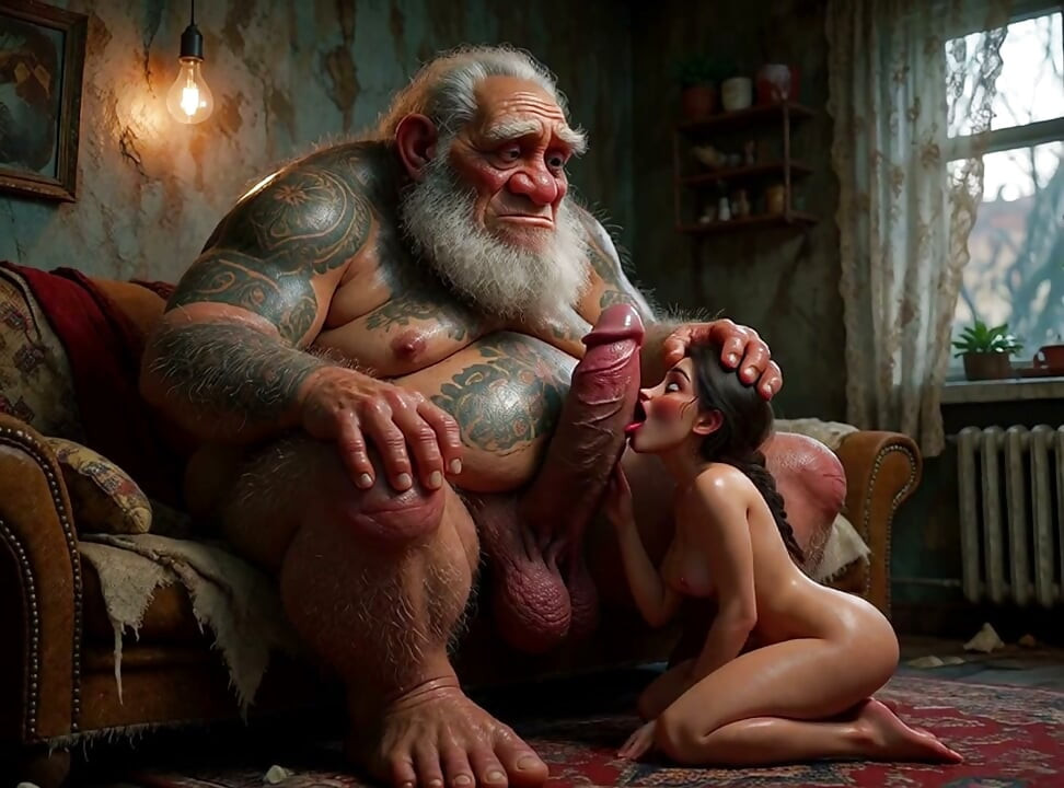 Sweet and beautiful, she satisfies the desires of the tribe's brutish old man (AI-generated)