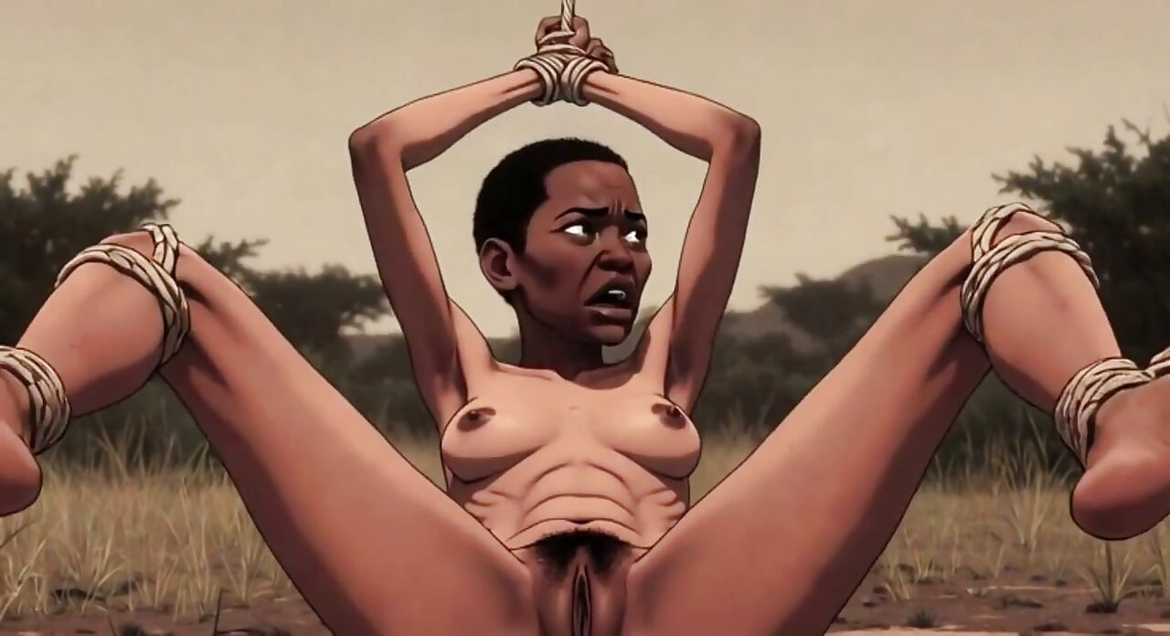 Une beauté africaine noire attachée dans une savane sauvage - peur et excitation intense