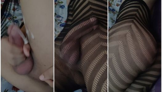 Horny lil femboy in a sexy fishnet showing his fit body and playing with his asshole till he cum