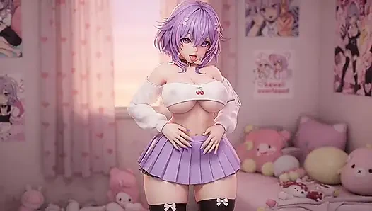 Thicc Purple Hair Anime Girl Twerking Big Ass in Garter Belt