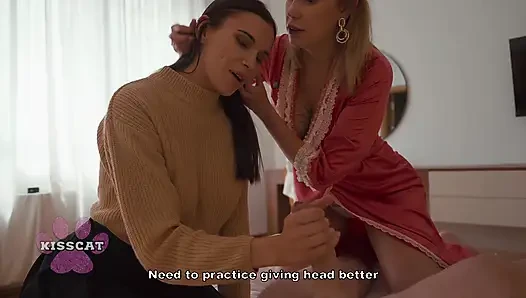 Hot MILF Teaches Shy Petite Babe to Suck and Ride Her Lucky Young Stud