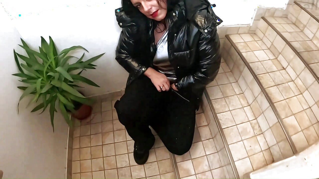 Shiny Downjacket Stairway Fuck. Deepthroat, Hard Doggy and Cum on My Jacket