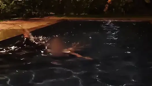 Hot Wife Risking Fucking in Public Pool at Night