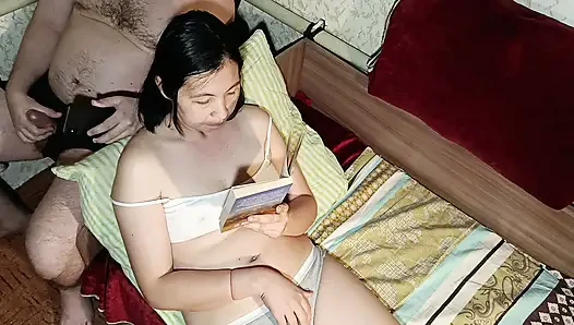 Stepson loves to jerk off and give a dick in his stepmom's mouth while she is busy reading