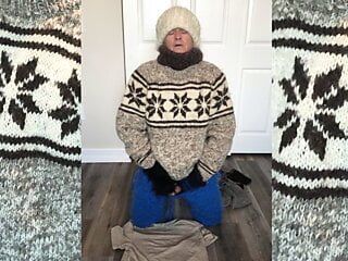 Mohair Wool Turtleneck Sweater Jumper Fetish, sweatpants, wool mittens, white mohair cap