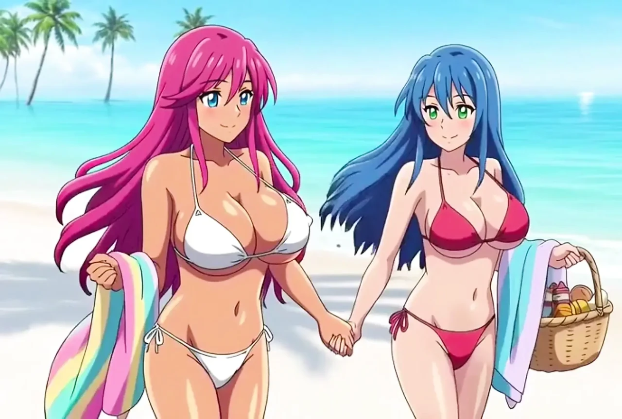 Two busty girls enjoy lesbian sex at private beach vacation