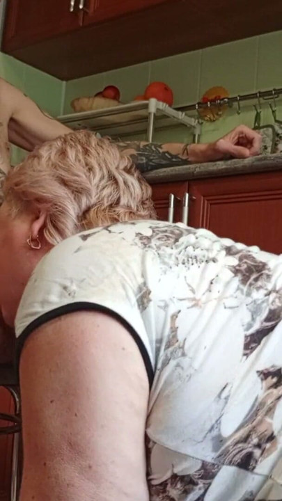 mother-in-law jerks off sucks cock and looks at the cumshot | Clip 2
