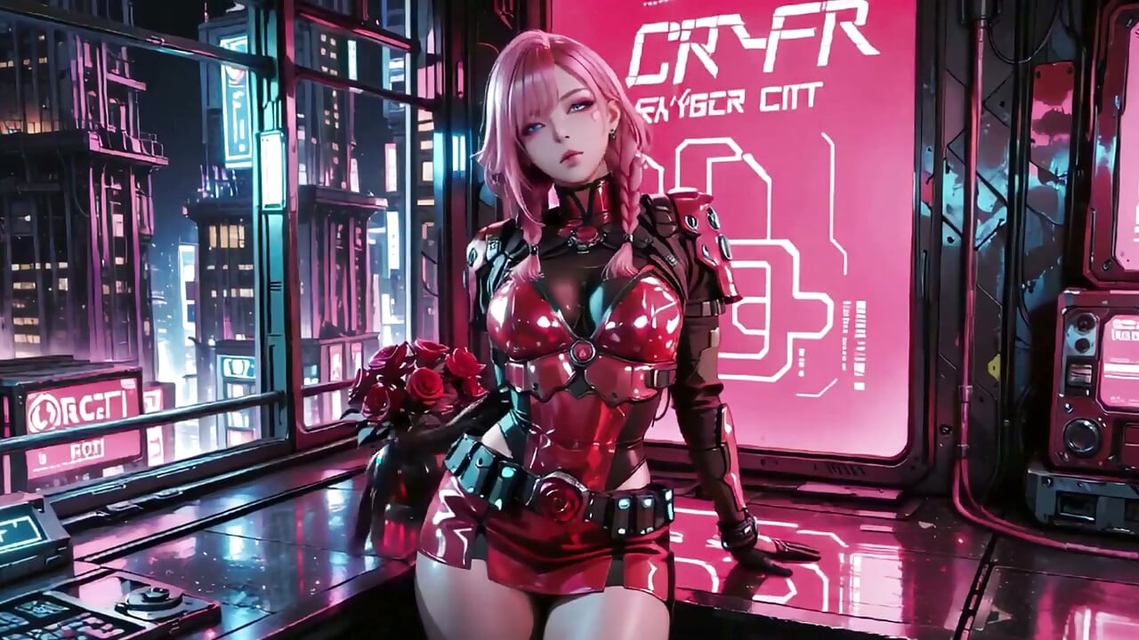 Guerriero Mech dai capelli rosa! Inginocchiato in neon streets, Red Rose e Fredda armatura contrasto.