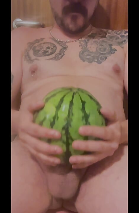 British guy fucks watermelon & cums