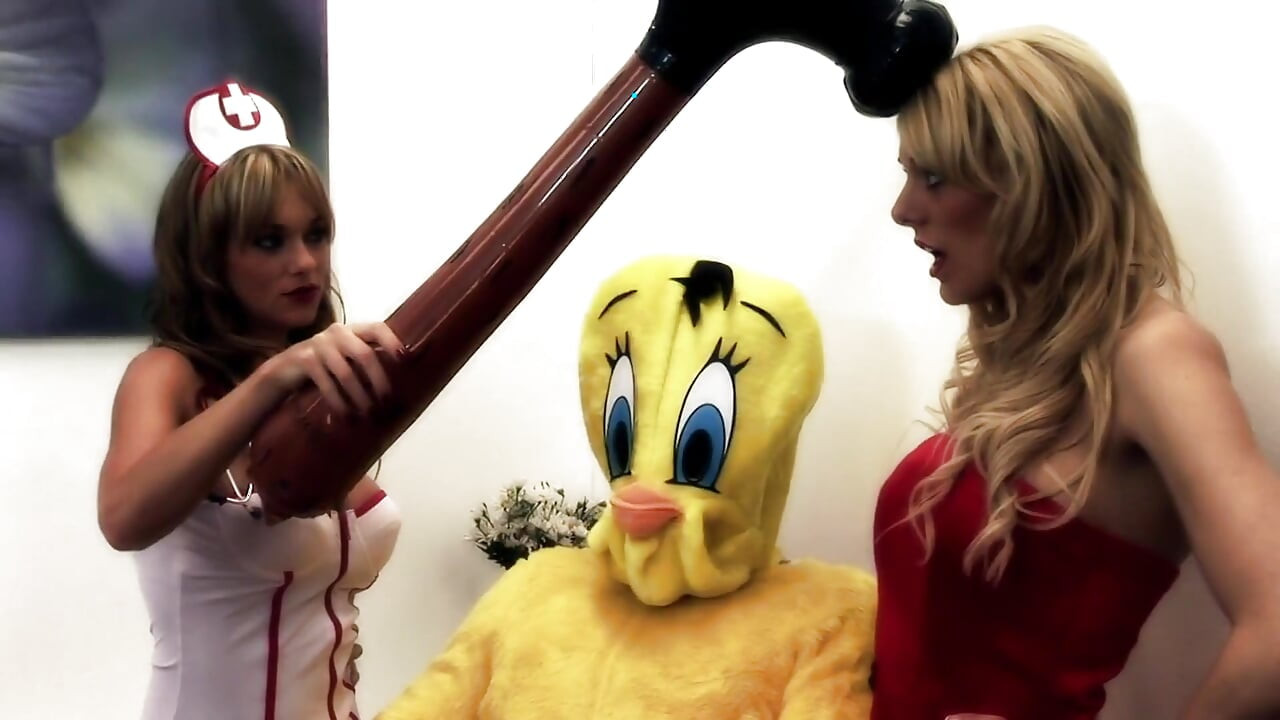 Sexy chicks give head to this cartoon man in uniform