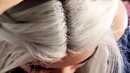 Submissive Sloppy Deepthroat in White Wig & Blue Contacts - Debora Swallowing Wellington's Thick Cock + Slow Stretching