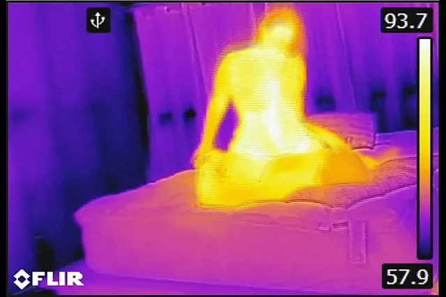 We play with a FLIR thermal imager and he blows a HOT load on my tits after BJ