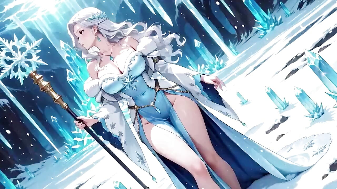 Mage de gelo de cabelos prateados em um Crystal Hall! Casting magic enquanto parece sem esforço frio, mas seus lábios estão tremendo