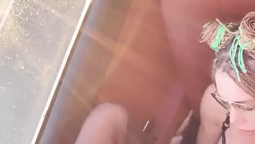 Horny babe public  masturbates in a convertible on the side of the road