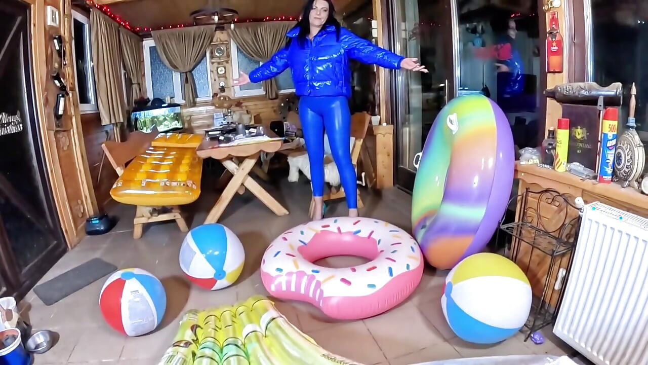 Dominant MILF in Shiny Leather Pants and Glossy Downjacket. Blowjob, Cameltoe, Cum Play and Inflatable Destruction