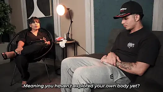 Big-breasted nurse fucks her embarrassed patient to give him a good diagnosis.