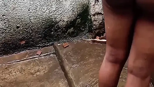 Curved shaped gf blooming outside,naked feeling herself