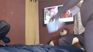fat man shows lingerie and then masturbates anally