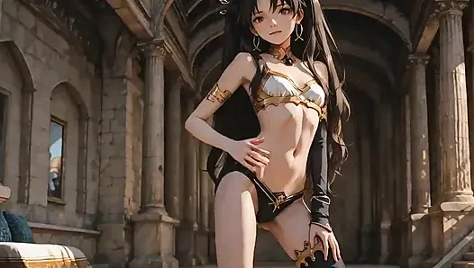 Im Tempel bei Einbruch der Dunkelheit zieht sie langsam ihre Kleidung aus