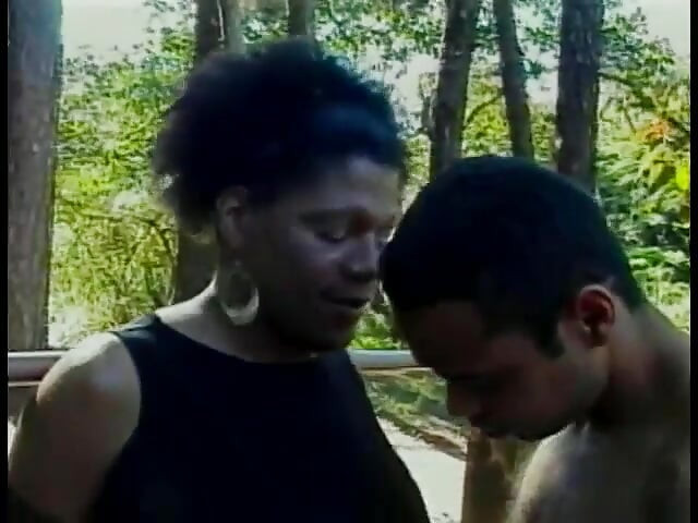 Black shemale Vinicius with big jugs is fond of riding hard pole of her boyfriend on the small glade