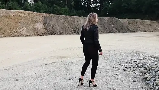 Grandma Is Walking Around a Gravel Pit in Tight Leggings and High Heels!