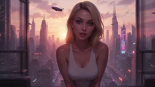 2099 Olivia in the Future Suggestive Teasing showing her Ample Cleavage Part 1