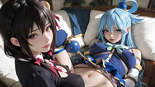 Konosuba soft show'dan sfw aqua ve yunyun lezbiyene dokunuyor ve öpüşüyor