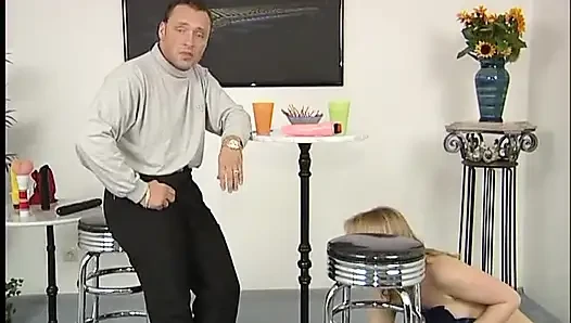 Sexy blonde sucks a monster cock then shoves it into her shaved pussy