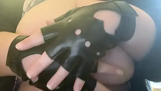 Tits massage with black gloves