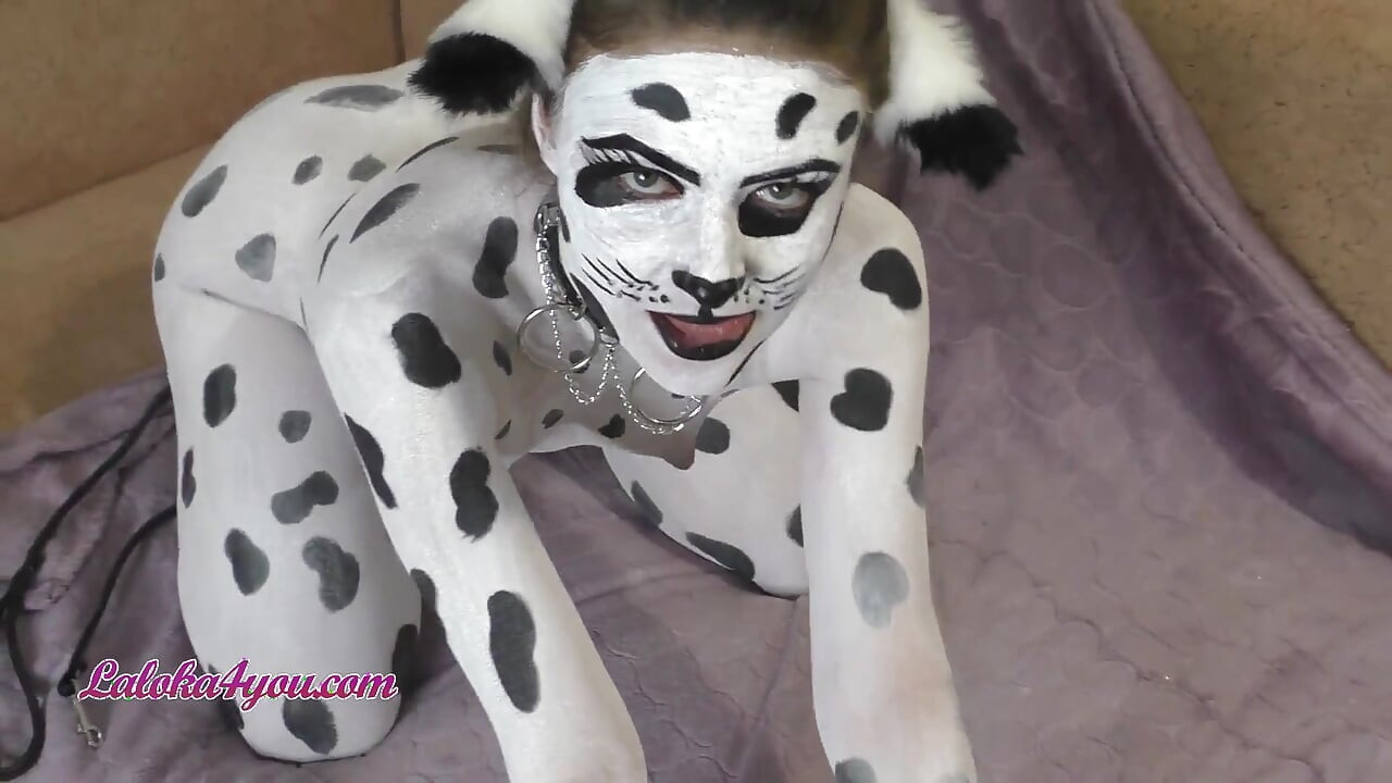 Beautiful girl in Dalmatian costume playfully rides Cavalier's big dick
