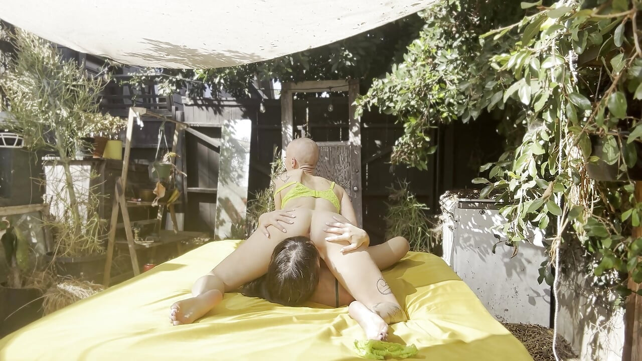 Big Dick Tgirl Fucks Lesbian Outdoors and Cums on Her Shaved Head