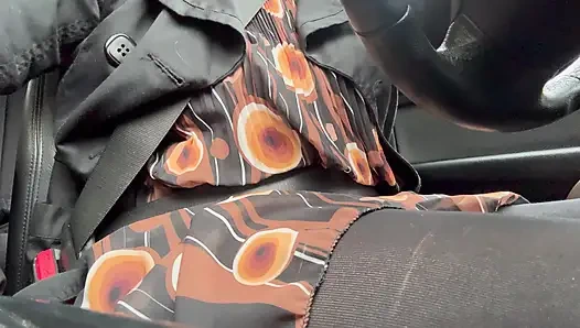 Elegant stepmom drives to the office wearing tights and a beautiful dress