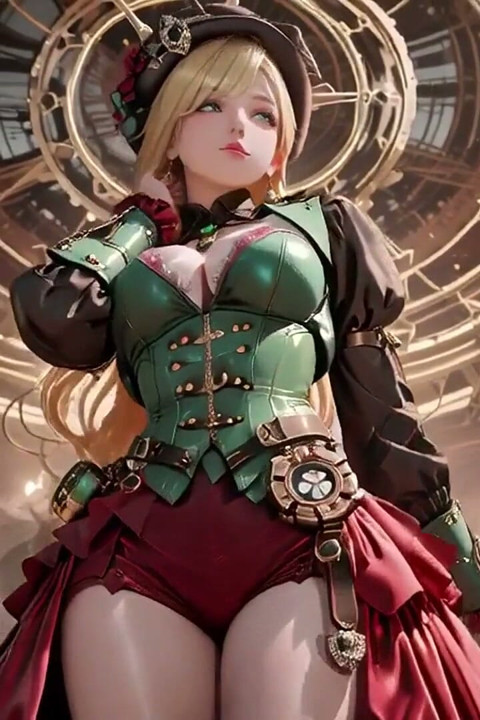 Secrétaire blonde steampunk ! Une paresseuse pose au milieu d’engrenages géants