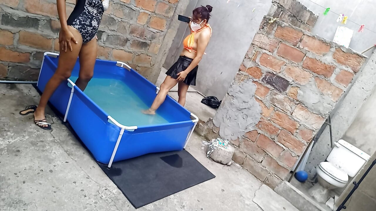 My neighbor is in the pool wearing a very tempting and sexy bikini. She's hot.