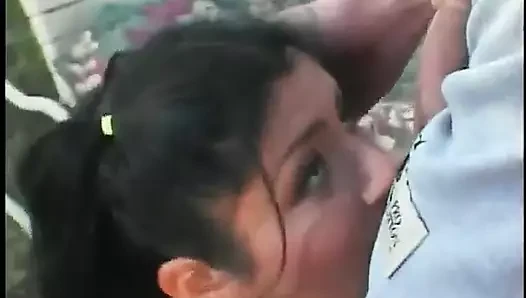 Firm titted young brunette takes cock, a hot cumshot poolside