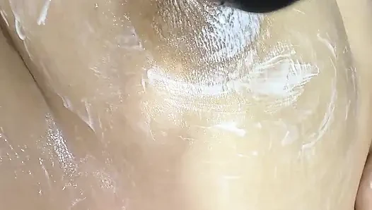 Mom vibrates her big tits with her big vibrator